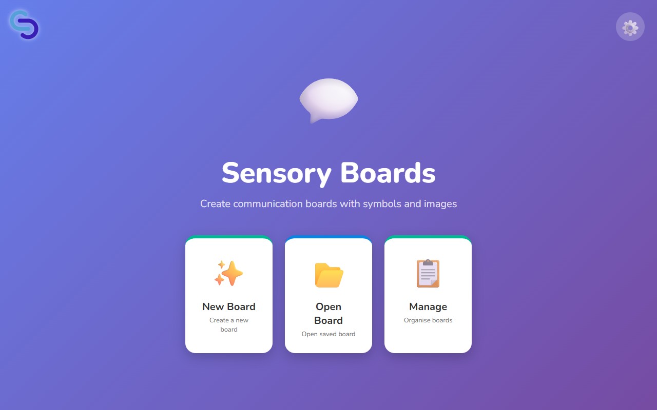 The Sensory Boards home screen with four action cards