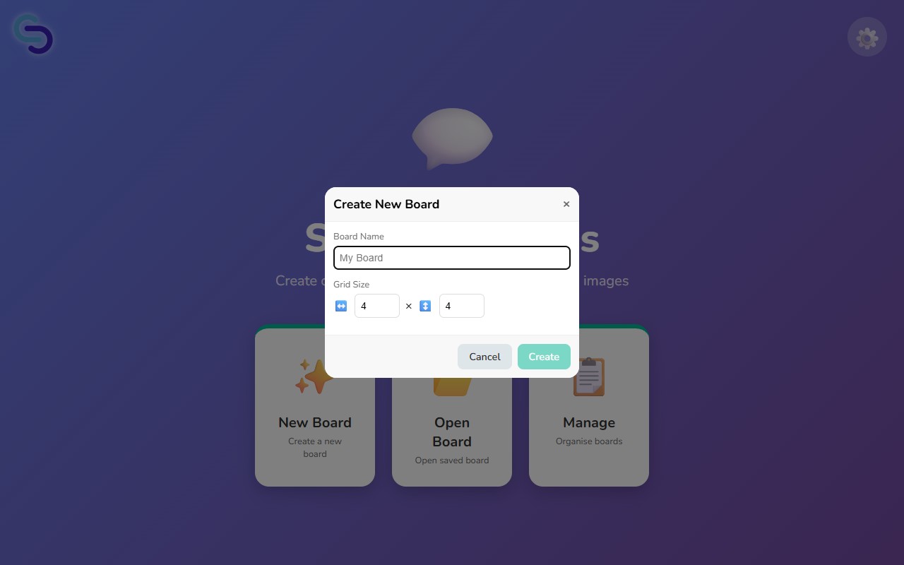 The New Board dialog with name field and grid size controls