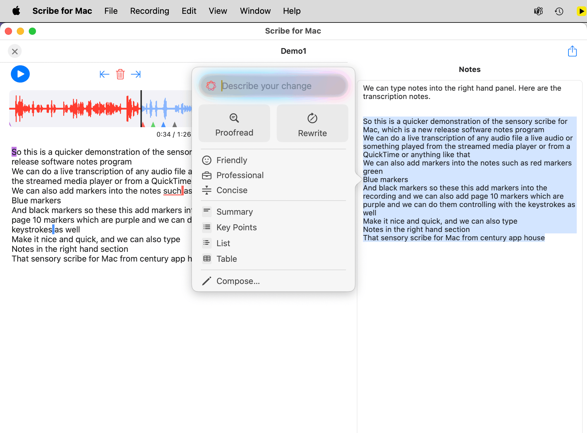 Notes panel with Writing Tools active